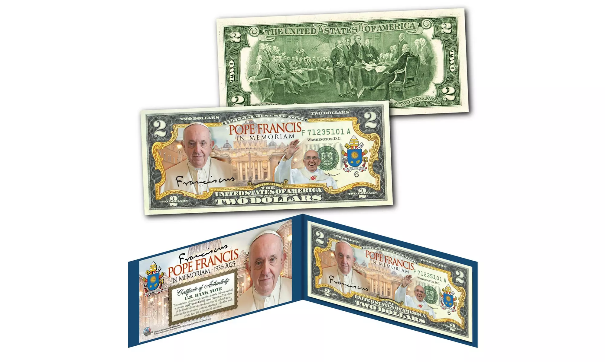 POPE FRANCIS In Memoriam 1936-2025 Genuine U.S. 2.00 Dollar Bill - Primary Image