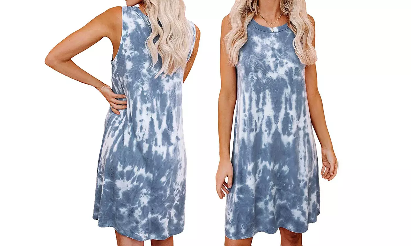 Women's Sleeveless Casual Loose Swing T-Shirt Dress Tie Dye Tunic Summer Dress