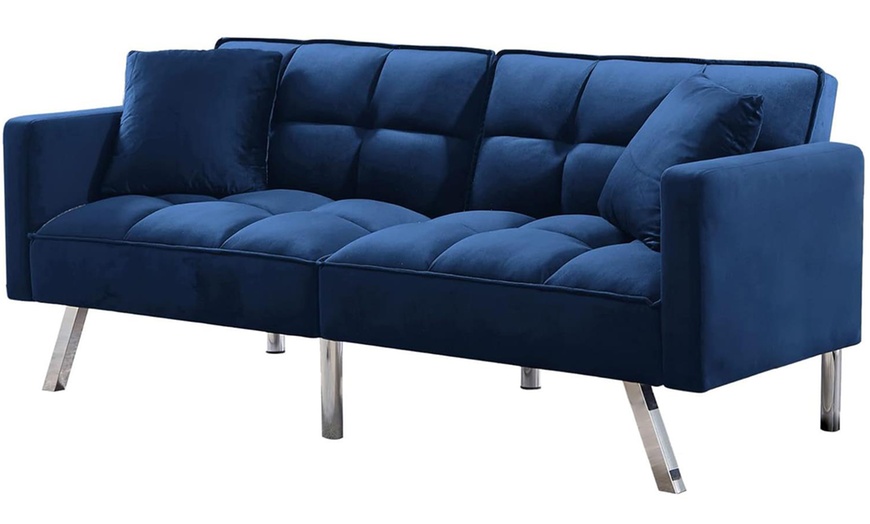 Image 3: Modern Design Tufted Convertible Blue Velvet Sleeper Sofa Bed