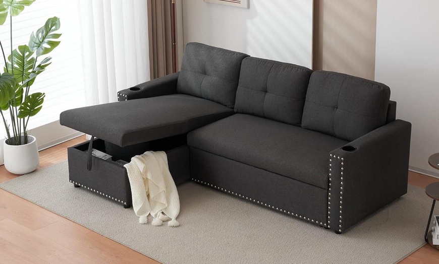 Image 7: Three Seater Reversible Sofa Bed with Storage and Cupholder