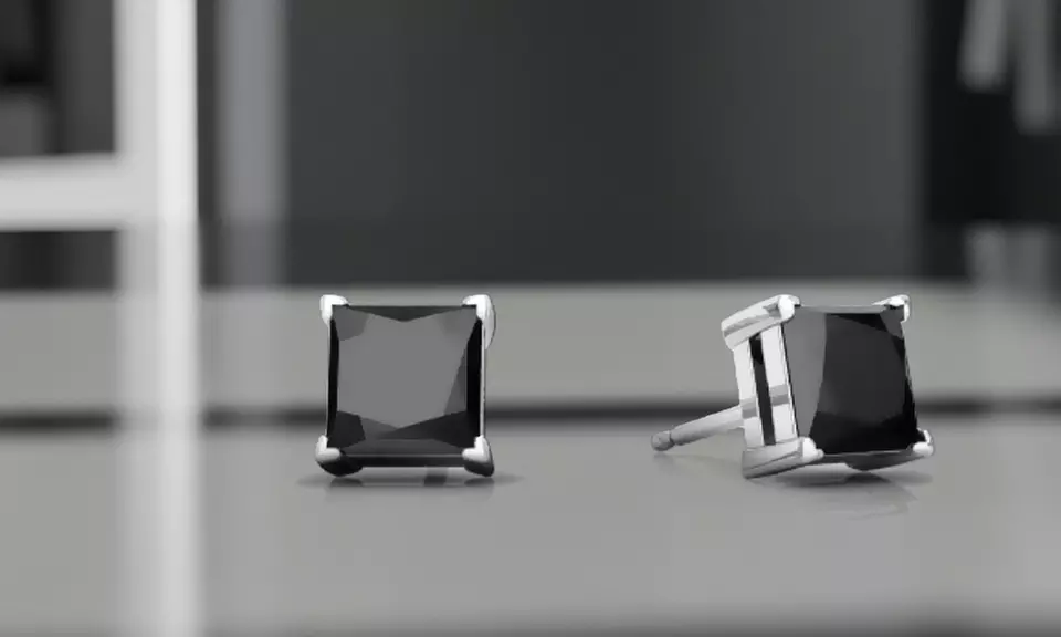 White Gold Plated 6MM Princess Onyx Stud Earrings