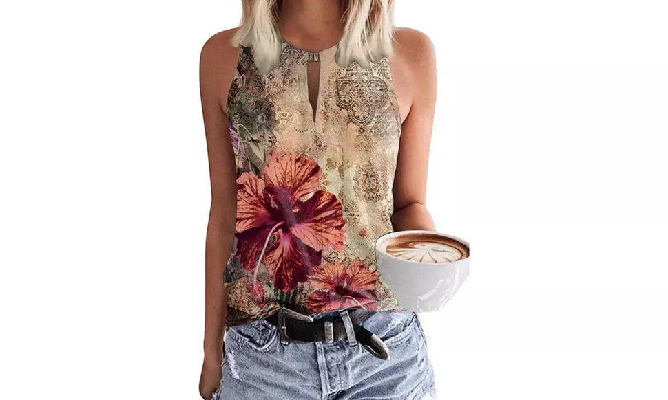 Women Keyhole V Neck Sleeveless Summer Casual Floral Shirt