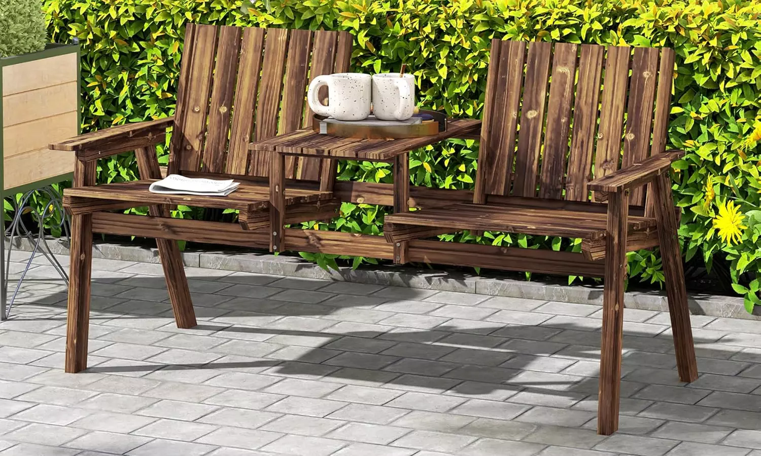 Outsunny 2-Seater Wooden Bench with Centre Table