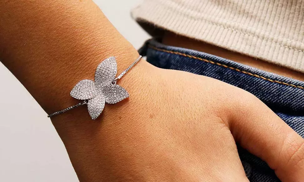 Pave Crystal Floral Bracelet With Adjustable Slider Clasp Adjustable up to 9"