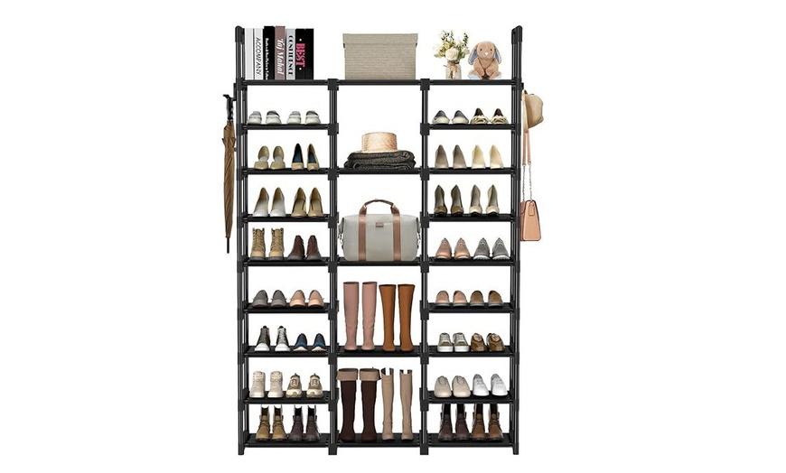 Image 2: Three-Column Nine-Tier Black Metal Shoe Rack