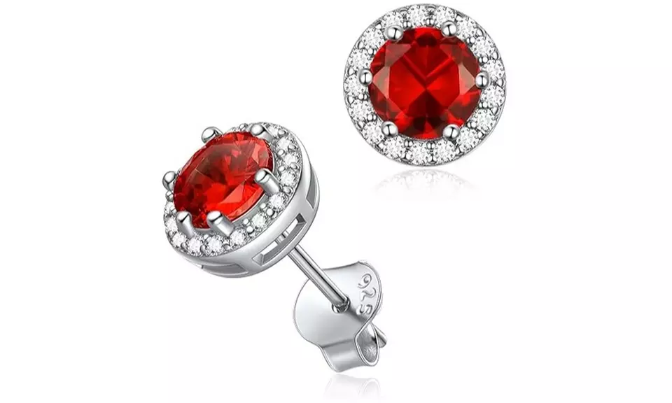 3.00 CTTW 925 Sterling Silver Ruby and White Halo Stud Earrings