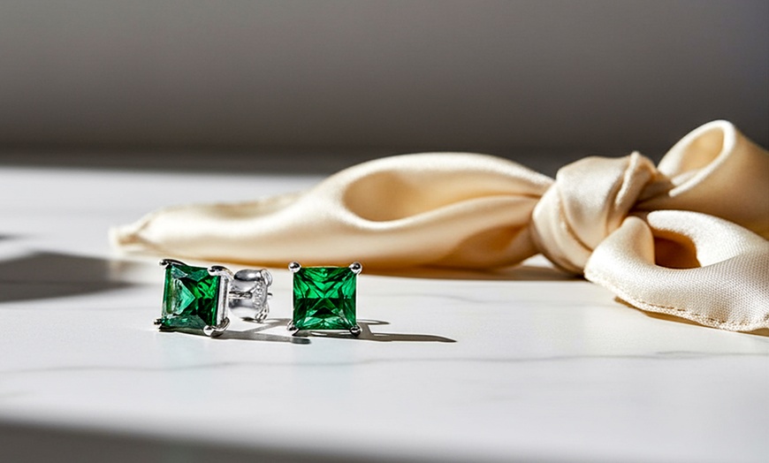 Image 1: Paris Jewelry 14k White Gold Princess 4MM Emerald Gemstone Stud Earrings