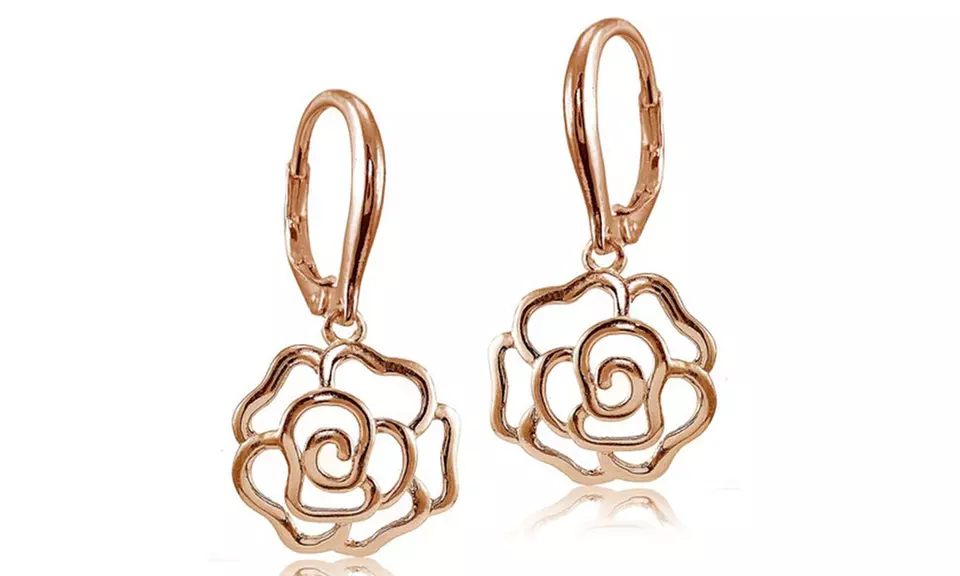 Rose Gold Flashed 925 Silver High Polished Open Rose Dangle Leverback Earrings