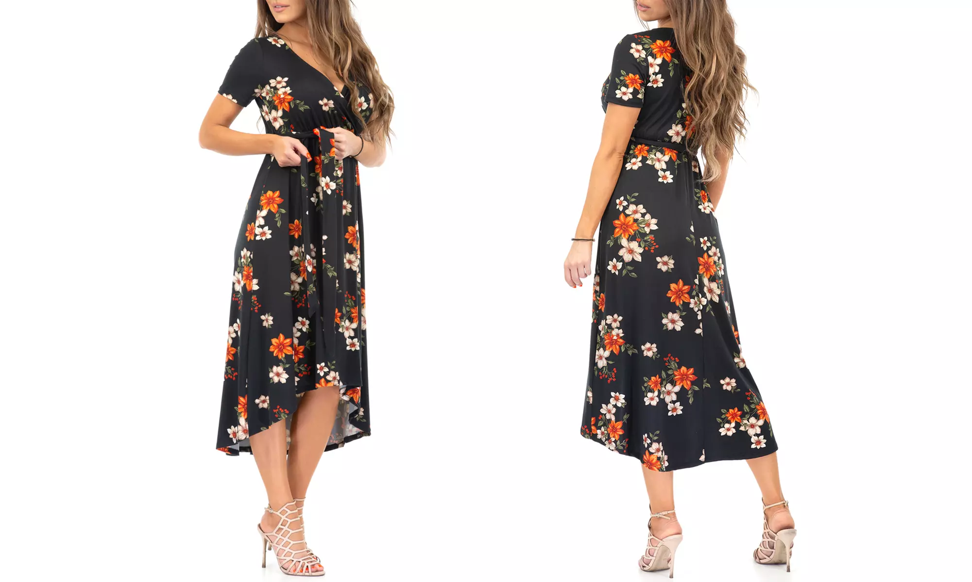 Women's Faux Wrap Hi-Low Dress with Adjustable Belt - Image 6