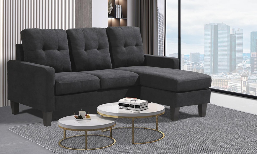Image 7: Reversible Velvet L-Shaped Sectional Sofa with Ottoman Corner Couch