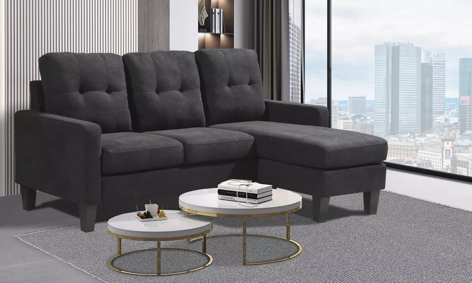Reversible Velvet L-Shaped Sectional Sofa with Ottoman Corner Couch