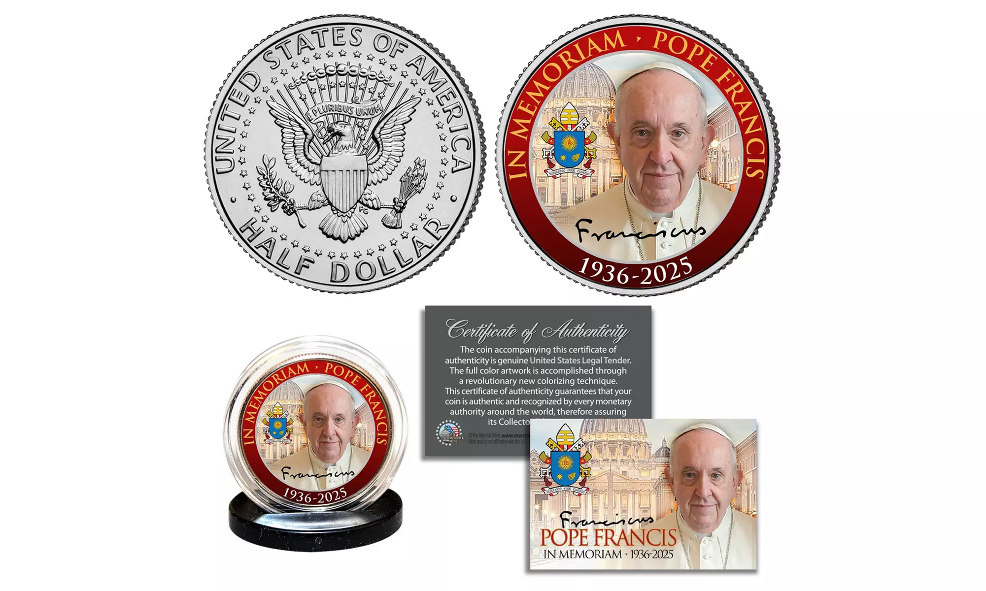 Merrick Mint POPE FRANCIS In Memoriam 1936-2025 U.S. JFK Half Dollar Coin  - Primary Image