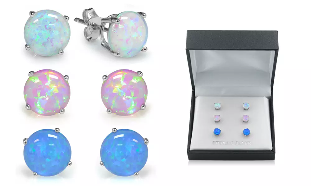 Sterling Silver Trio Blue, White, and Pink Opal Earring Set (3-Pair) - Primary Image