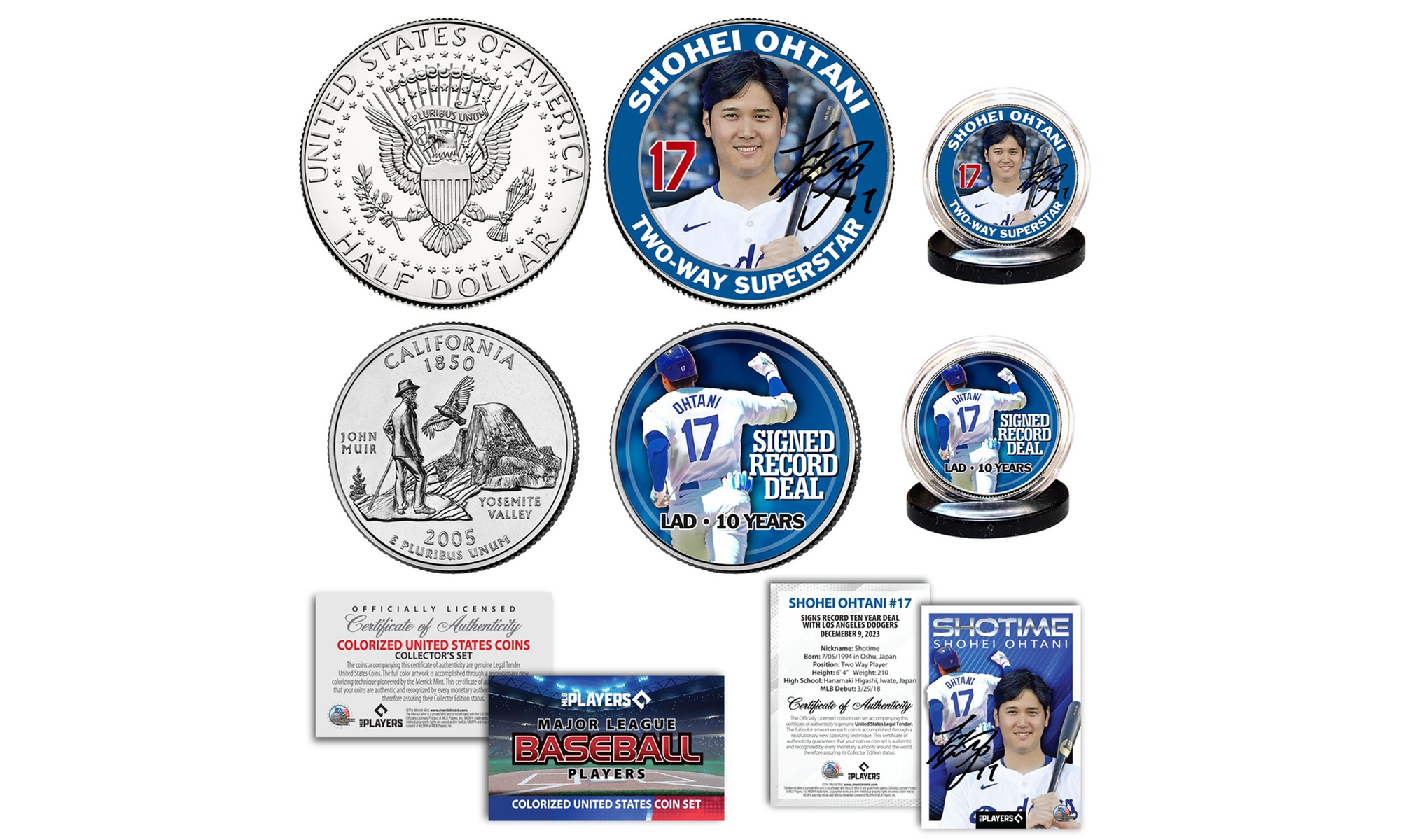 Shohei Ohtani "SHOTIME" LA Dodgers Licensed JFK & QTR 2-Coin w/ Bonus Card