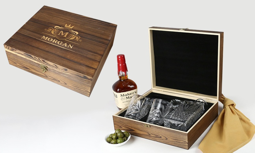 Image 1: One or Two Personalised Boxed Decanter, Glass, and Whiskey Stones Set