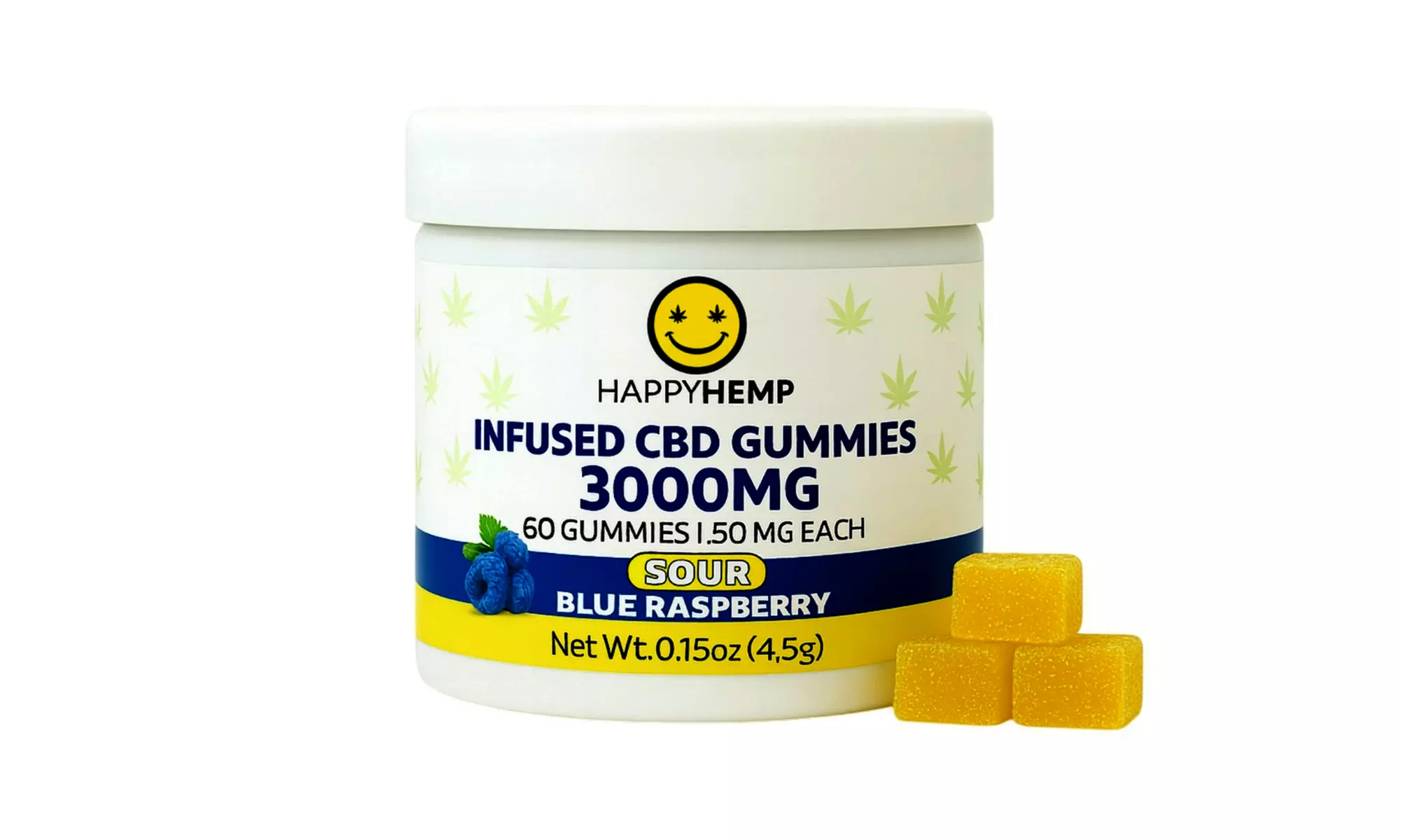 Happy Hemp Sour CBD Gummies - Blue Raspberry, Strawberry Lemonade & Green Apple
