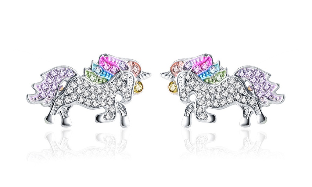18k White Gold Multi-Colored Unicorn Earrings with crystals from Swarovski