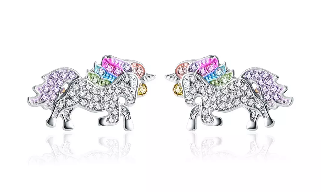 18k White Gold Multi-Colored Unicorn Earrings with crystals from Swarovski - Primary Image