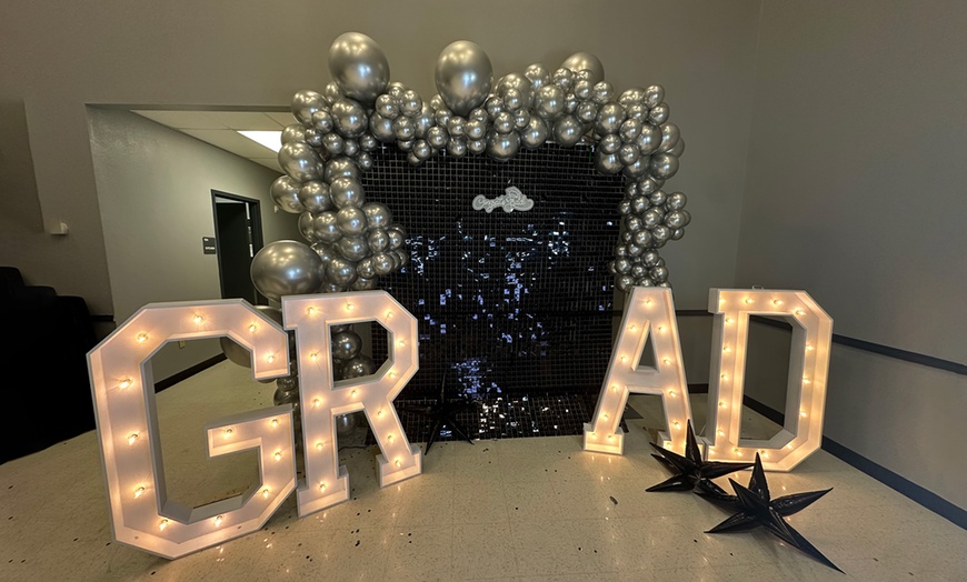Image 3: Custom Balloon Arch and Backdrop Plus 48 Personalized Party Favors