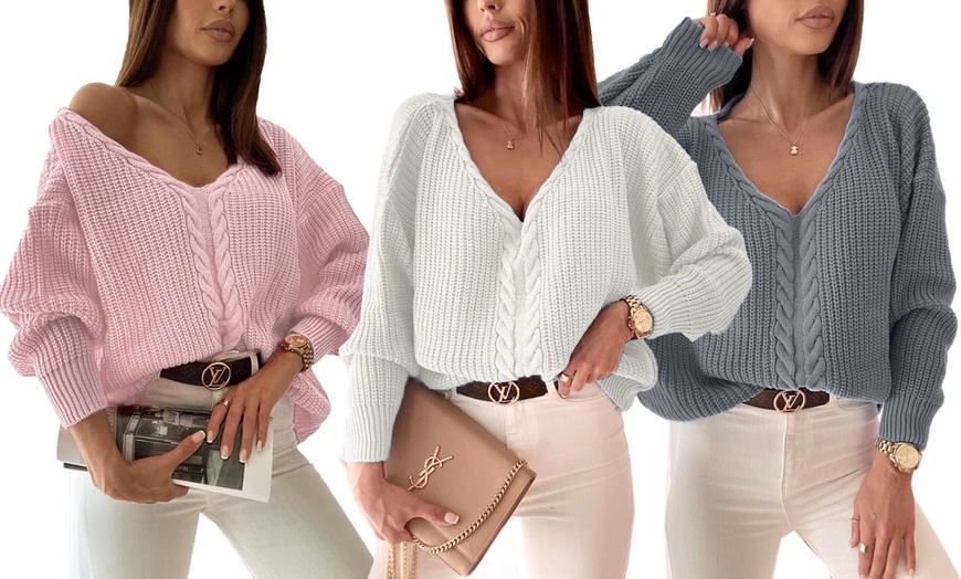 Image 2: Women's Braided V-Neck Cable Knit Oversized Jumper 