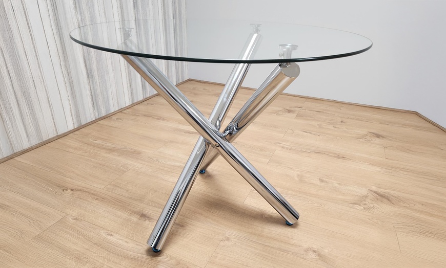 Image 3: Round Clear Glass Dining Table with Chrome Legs and Four Velvet Chairs