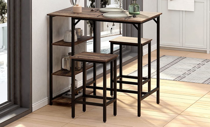 Image 1: Homcom Breakfast Bar Table Set with Adjustable Feet and Two Stools