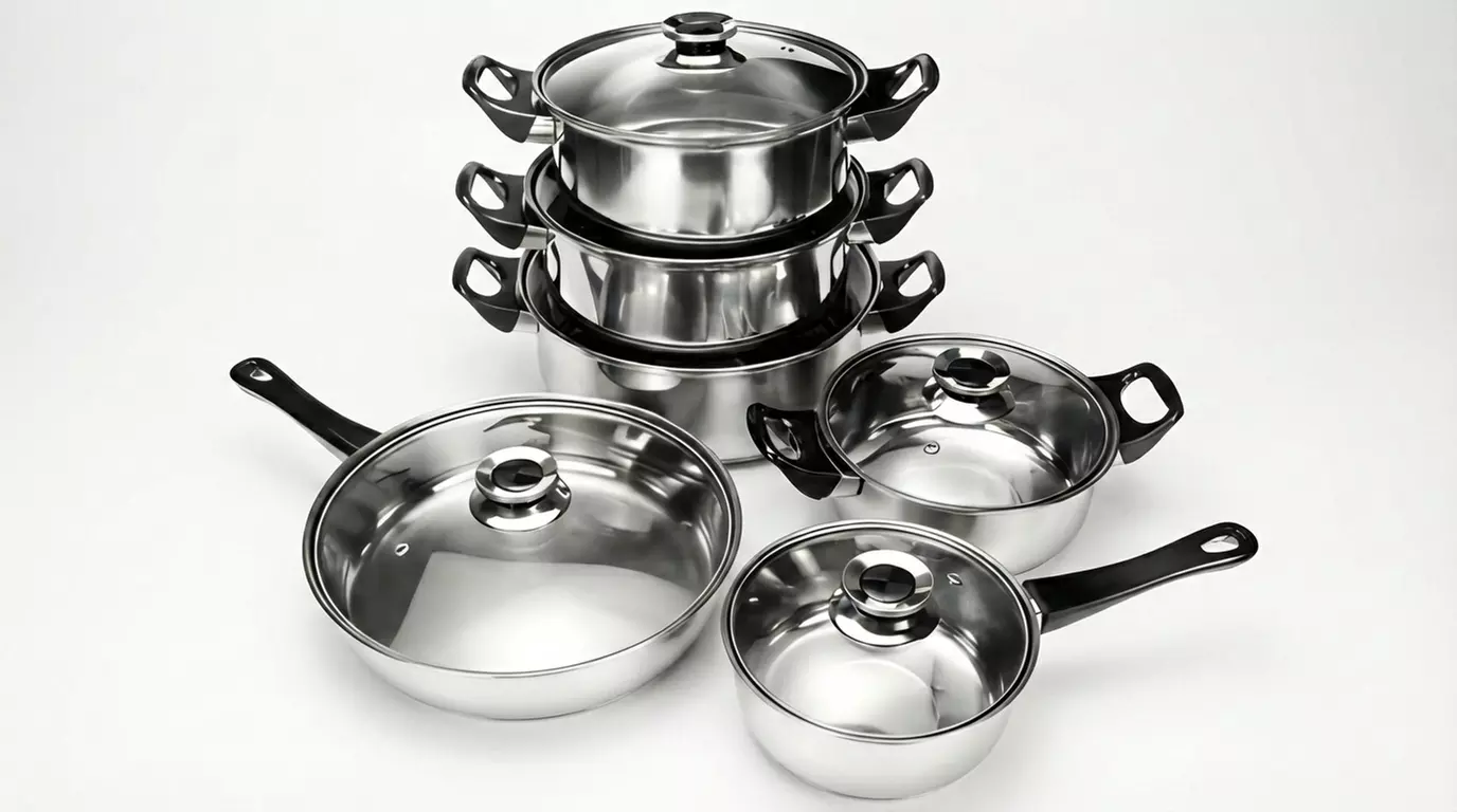 Set di pentole in acciaio inox 12 pezzi con coperchi in vetro