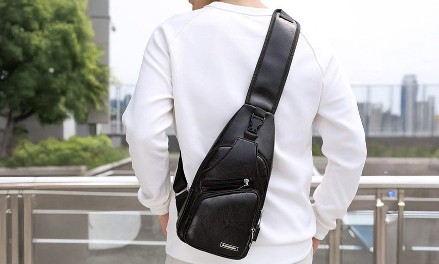 Image 5: Men Women Sling Chest Bag Leather Shoulder Cross-body Pack With USB Port