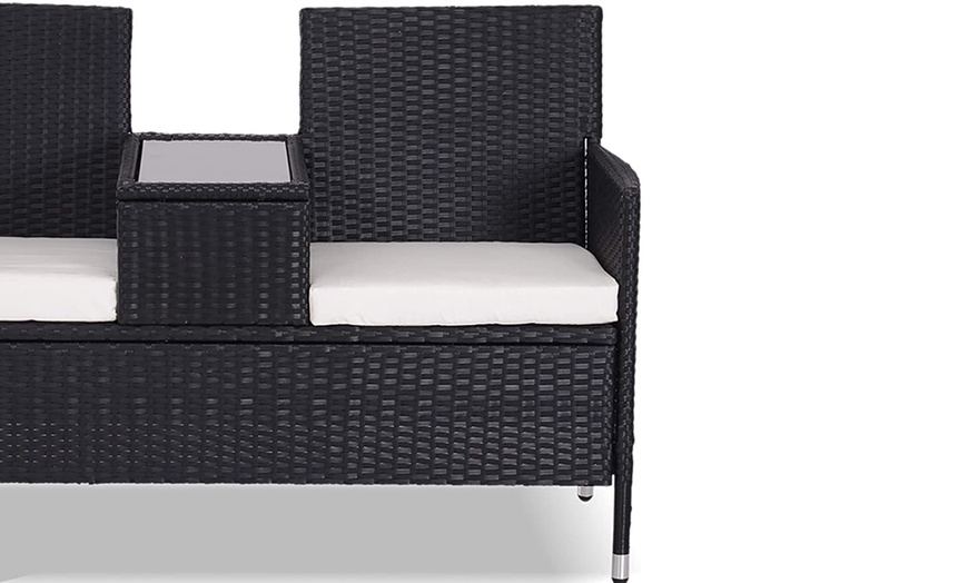 Image 3: Outsunny Two-Seater Rattan-Effect Chair with Integrated Table, Black