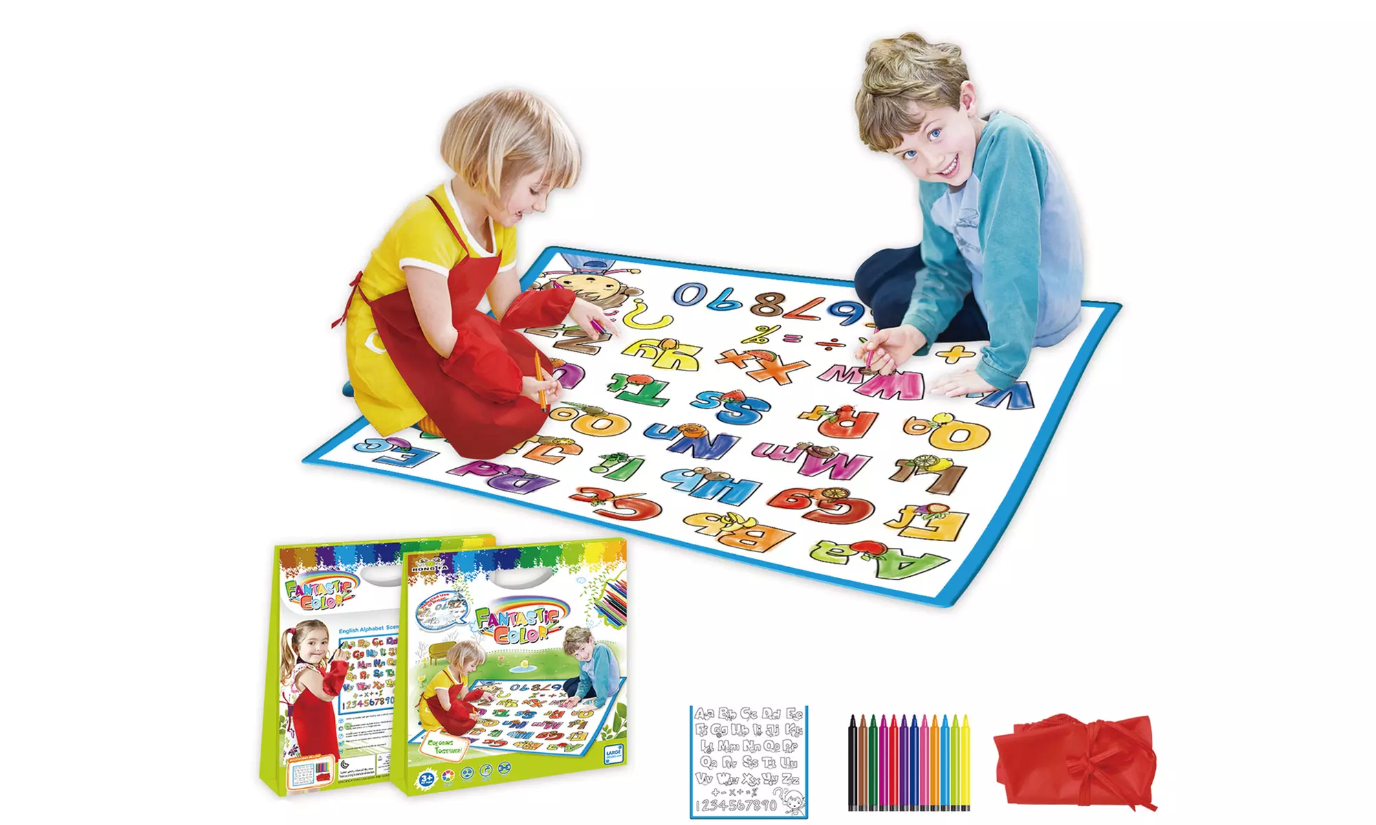 Zummy Kids Large Washable Coloring Play Mat & Apron w/ 12 Washable Markers - Second Medium