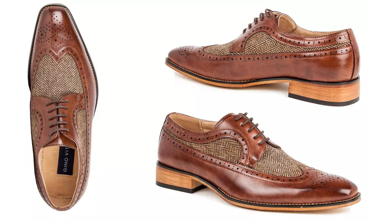 Gino Vitale Men's Long Wing Brogue Herringbone Dress Shoes - Second Medium