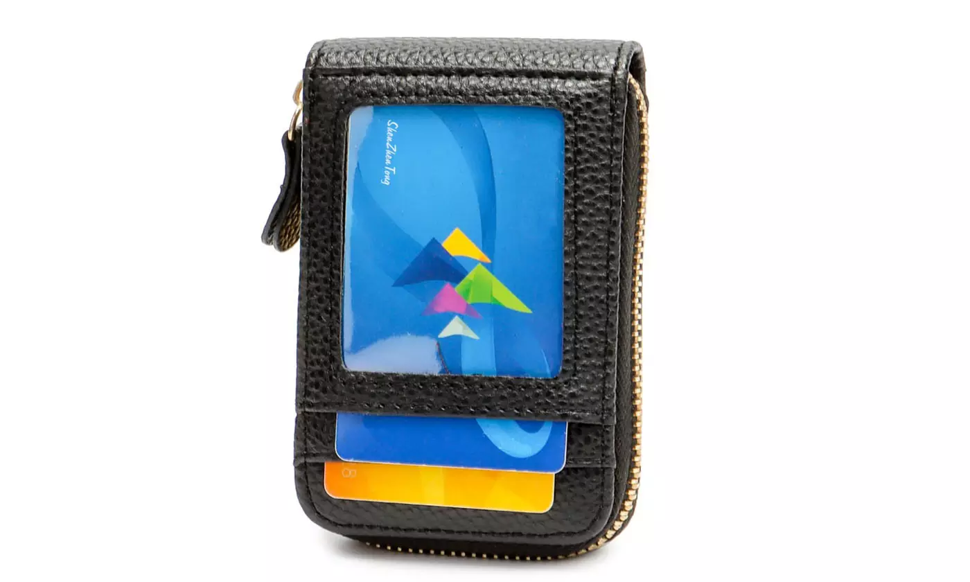 Wallet Credit Card Holder Genuine Leather RFID Blocking Zipper Pocket Thin