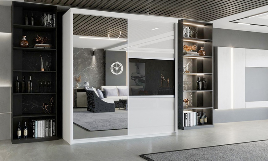 Image 3: Modern High Gloss Door Wardrobe With Mirror and Drawers