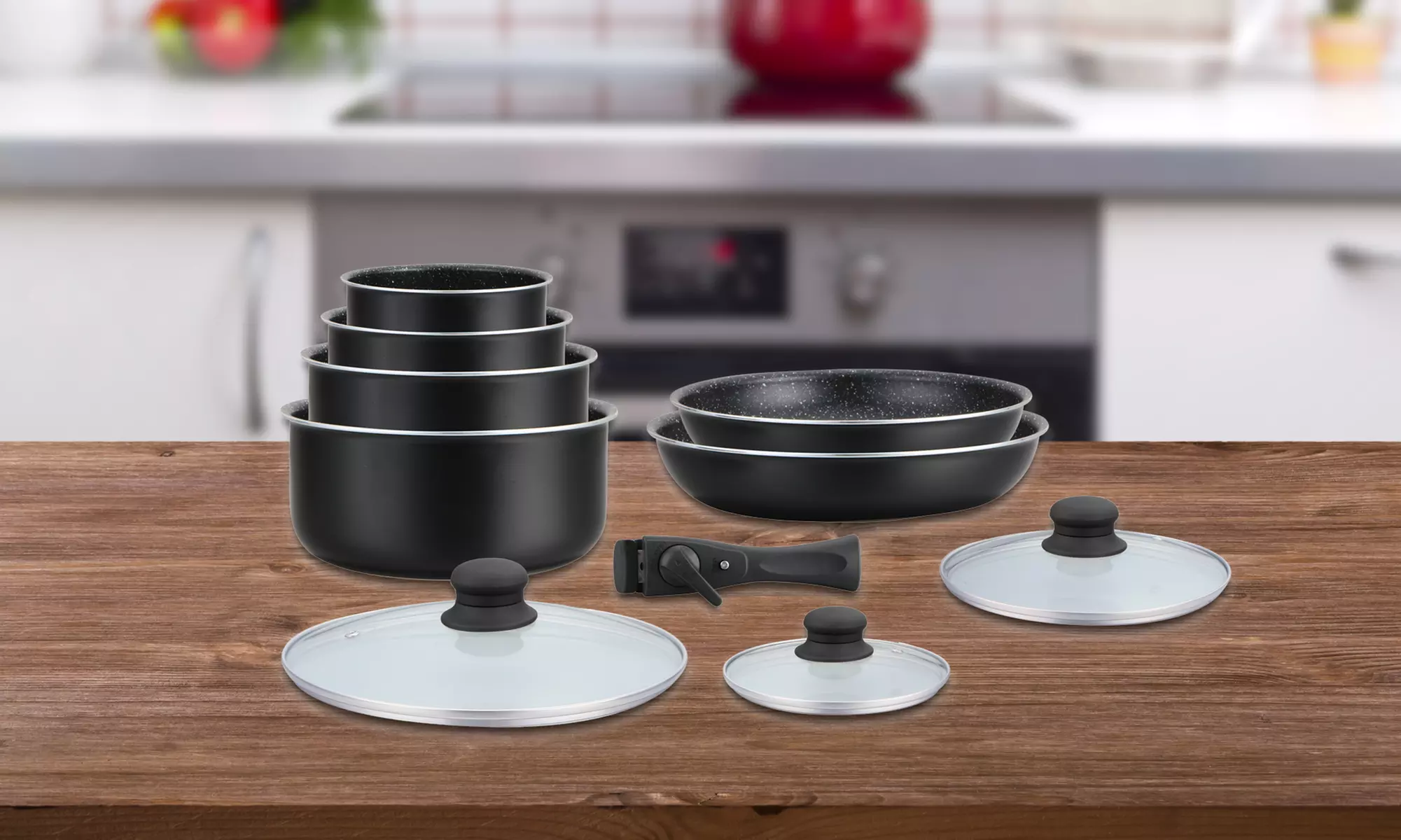 Batería de cocina de 10 piezas con revestimiento efecto piedra y mango extraíble - Primary Image