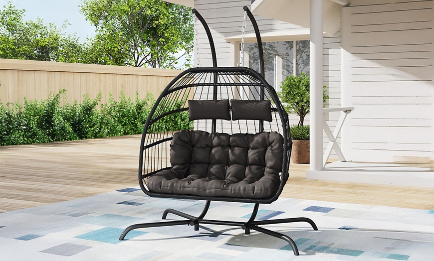 Image 29: Outdoor Cosy Rattan-Effect Hanging Egg Chair with Cushion