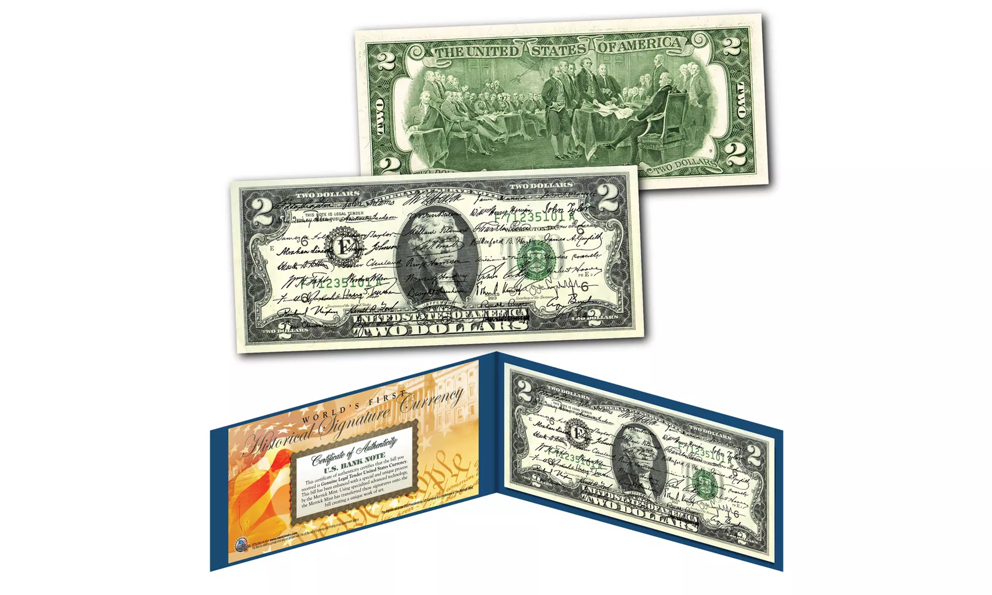 All 46 US Presidents Signatures on Genuine U.S. Legal Tender 1 or 2 Dollar Bill - Second Medium