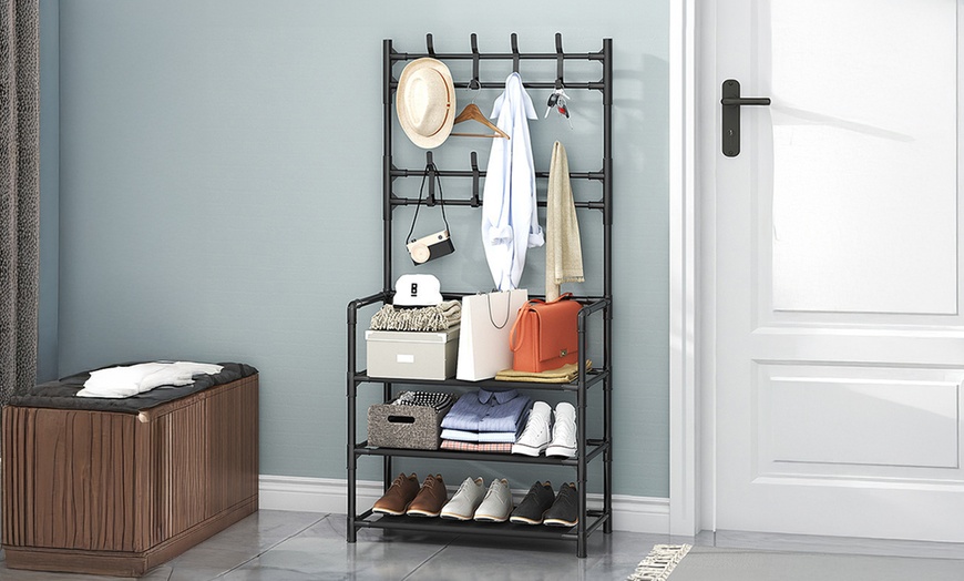 Image 1: Multi-Tier Metal Shoe Rack with Coat Hooks 