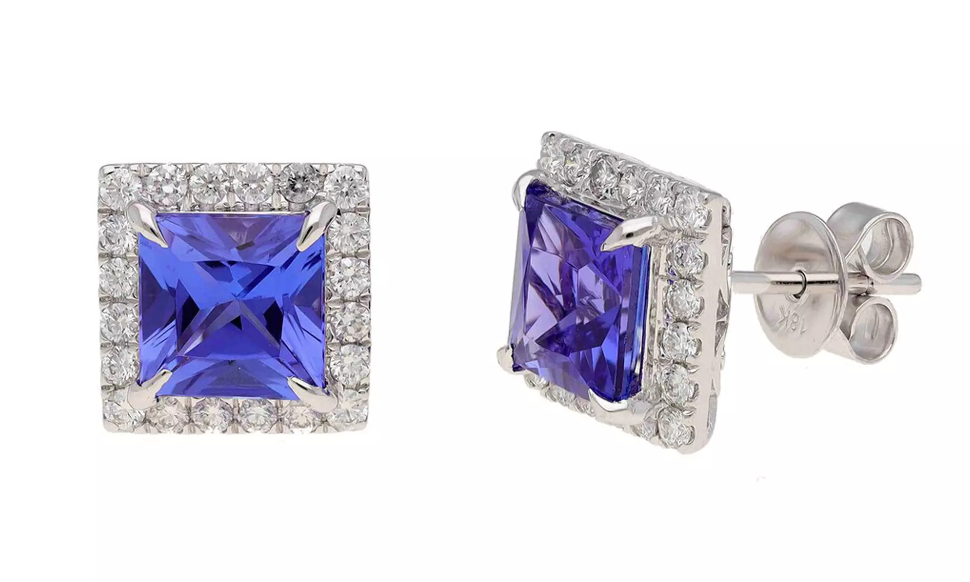 Paris Jewelry White Gold Plated 1 Ct Princess Tanzanite Halo Stud Earrings - Primary Image