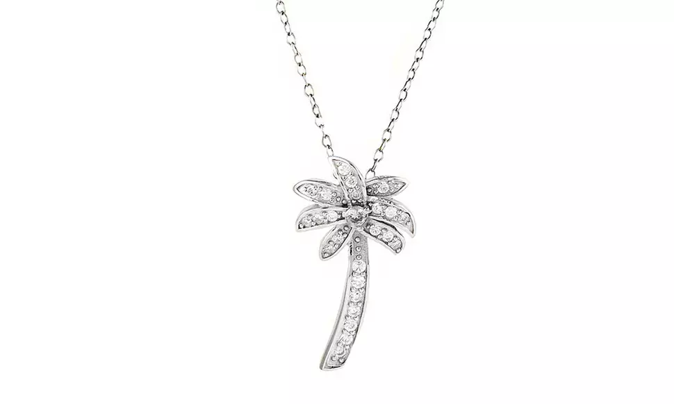 Sterling Silver Cubic Zirconia Summer Palm Tree Necklace