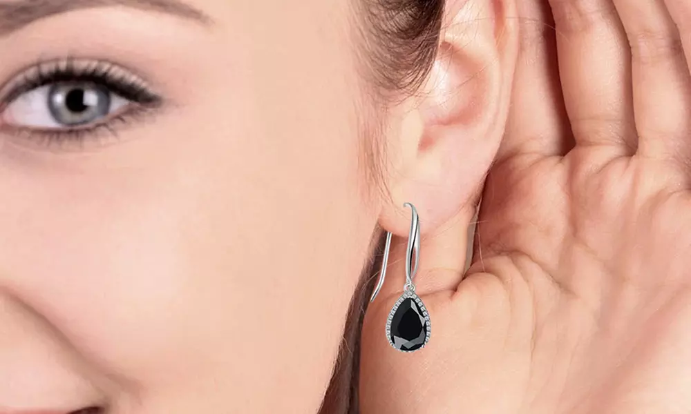 Paris Jewelry 14k White Gold Plated Created Black Sapphire Teardrop Earrings