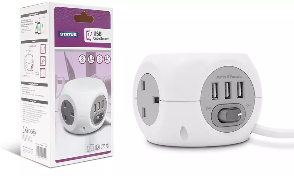 One or Two Status Three-Way 1.4m Cable Cube Extension Sockets with Three USB Ports - Primary Image