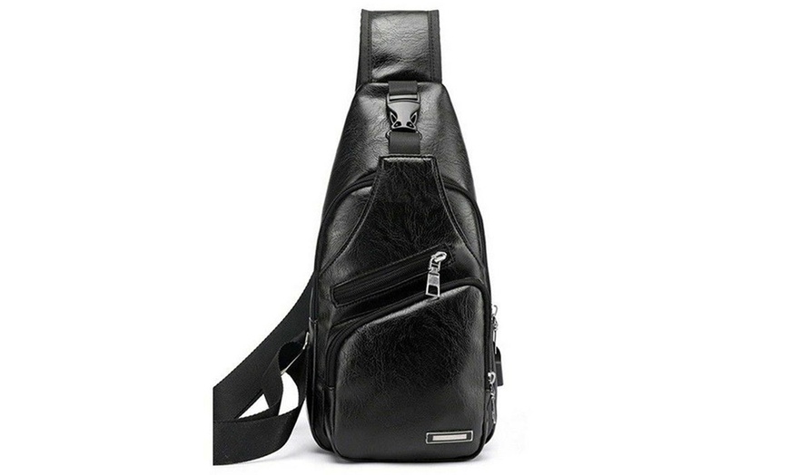 Image 6: Men Women Sling Chest Bag Leather Shoulder Cross-body Pack With USB Port