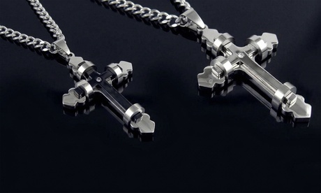 Mens Stainless Steel Cross Necklace With 24 curb Chain 24 Silver Cubic Zirconia Stainless Steel