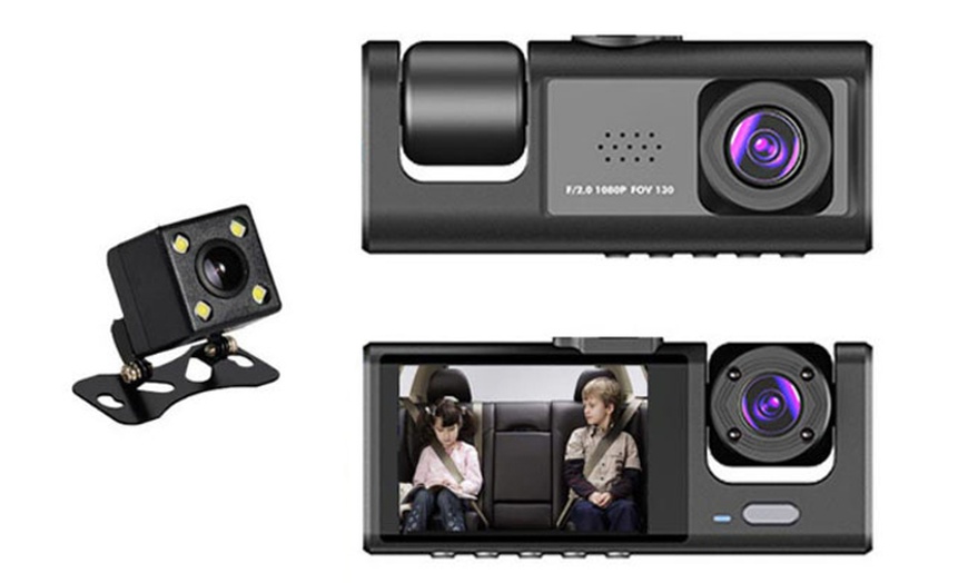 Image 2: Triple Channel Car Dash Cam with 32GB Card, 140-Degree Wide Angle
