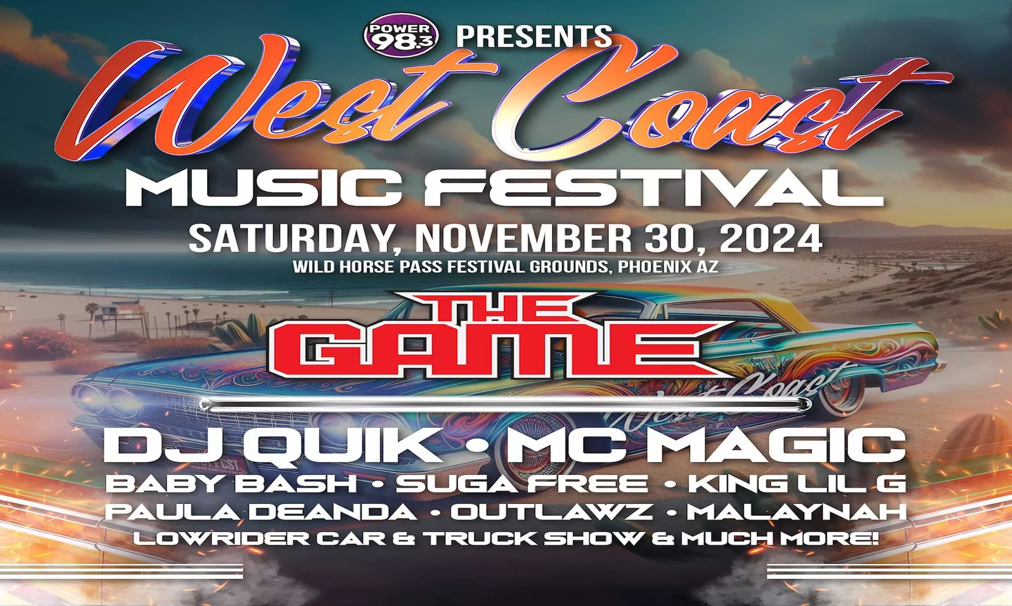West Coast Music & Lowrider Fest W/ The Game, DJ Quik, MC Magic, Baby Bash, Suga Free & More on November 30th at 2 p.m. - Primary Image
