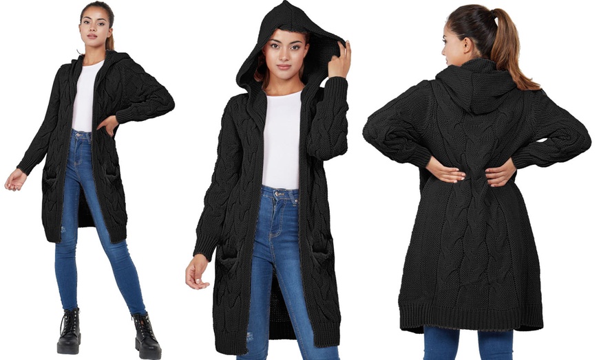 Image 3: Cable Chunky Knit Open Front Hooded Cardigan