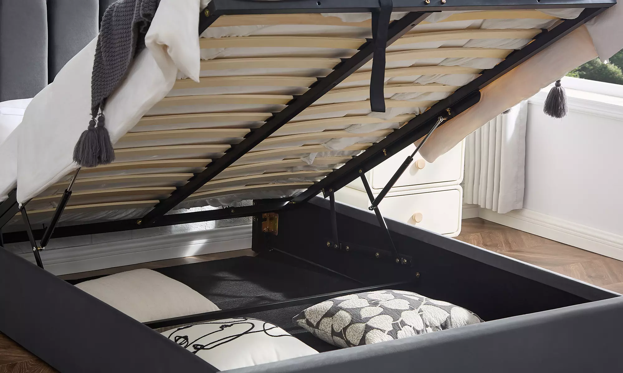 Ottoman Storage Bed Frame with Tufted Headboard