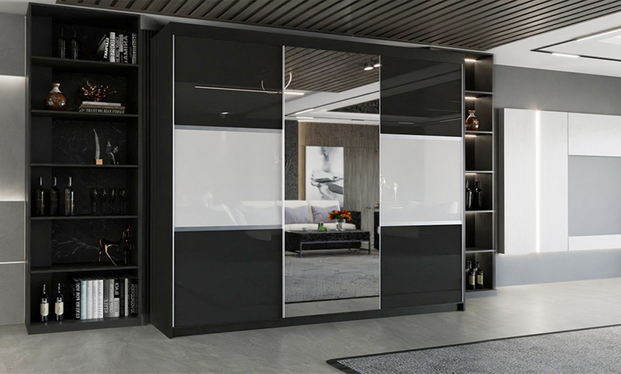 Image 5: Modern High Gloss Door Wardrobe With Mirror and Drawers