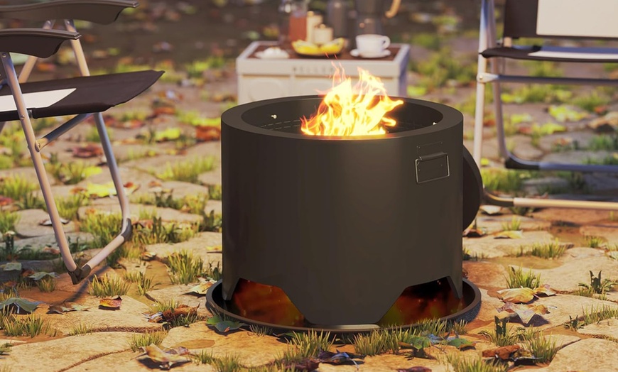 Image 4: Outsunny Outdoor Round Fire Pit with Lid and Poker