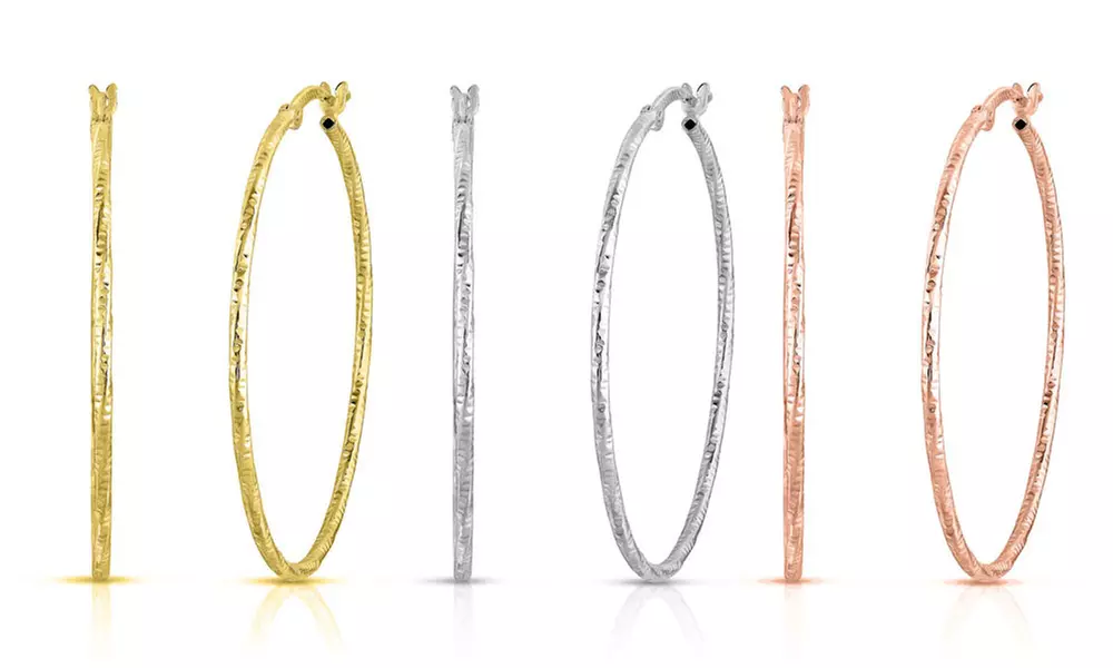 9.99 Sterling Silver 40mm Diamond Cut French Lock Hoop in Gold or Rose Gold